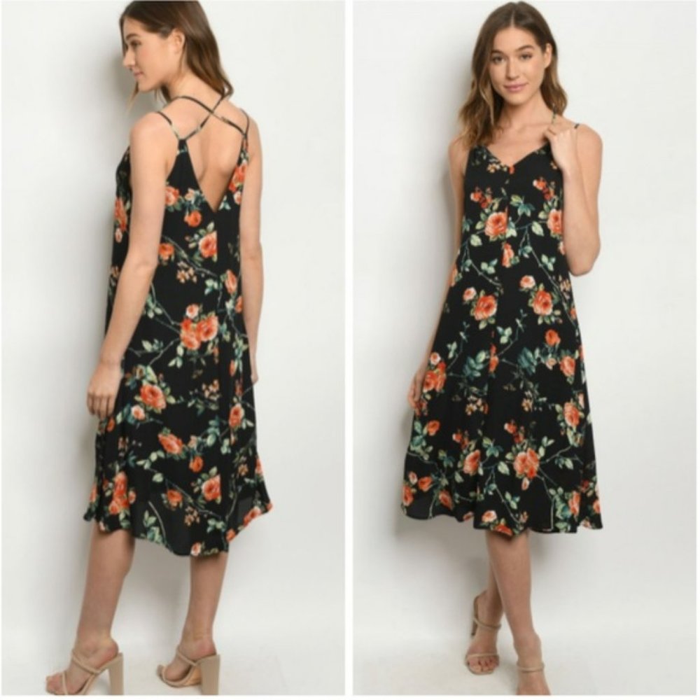 NWT Black Flower Floral Criss Cross Straps Midi Dress Small Available by Angela